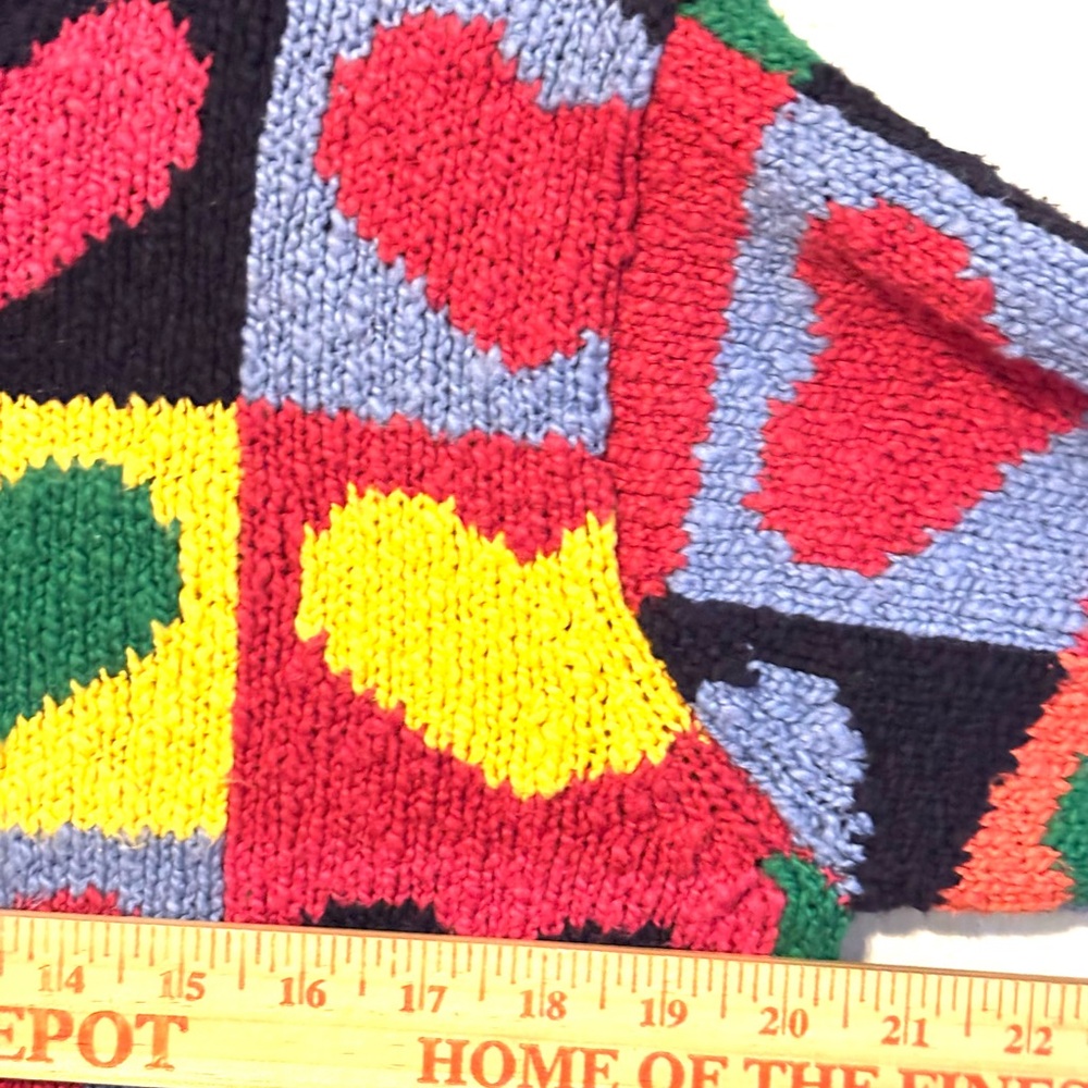Vintage Colorful Heart Patchwork Valentine Cardigan Hand Knit Sweater Chunky PSm - Picture 5 of 7
